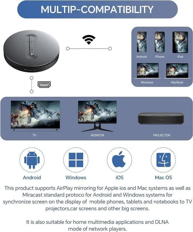 Alt view image 6 of 7 - Wireless HDMI Display Dongle Adapter - Miracast dongle, DLNA, AirPlay - Plug and Play video/audio from laptop, PC, smartphone to HDTV, projector, display