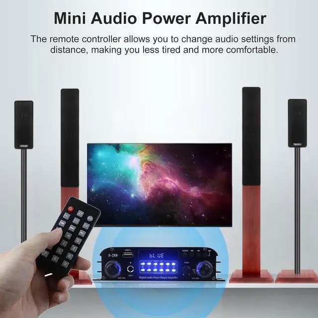 Alt view image 6 of 7 - 4-Channel Bluetooth 5.0 Stereo Amplifier, 50Wx4 HiFi Power Amplifier up to 1200W, USB/SD/FM, Class D Home Audio Receiver for Home Theater and Karaoke, Includes Remote Control and Power Adapter