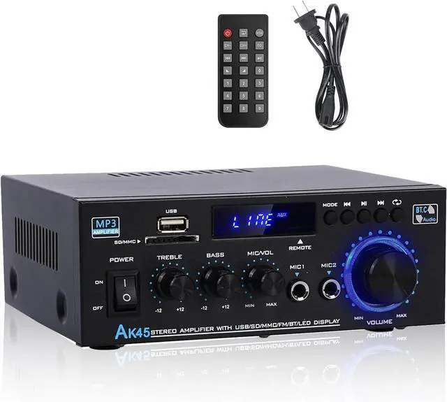Main image of Stereo Home Audio Amplifier Receiver AK45,400W Bluetooth 5.0 HiFi Stereo Power Amplifier 2.0 Channel RMS 40W x 2 Home Audio System with Remote Amplifier W/MIC, USB, RCA, FM Radio