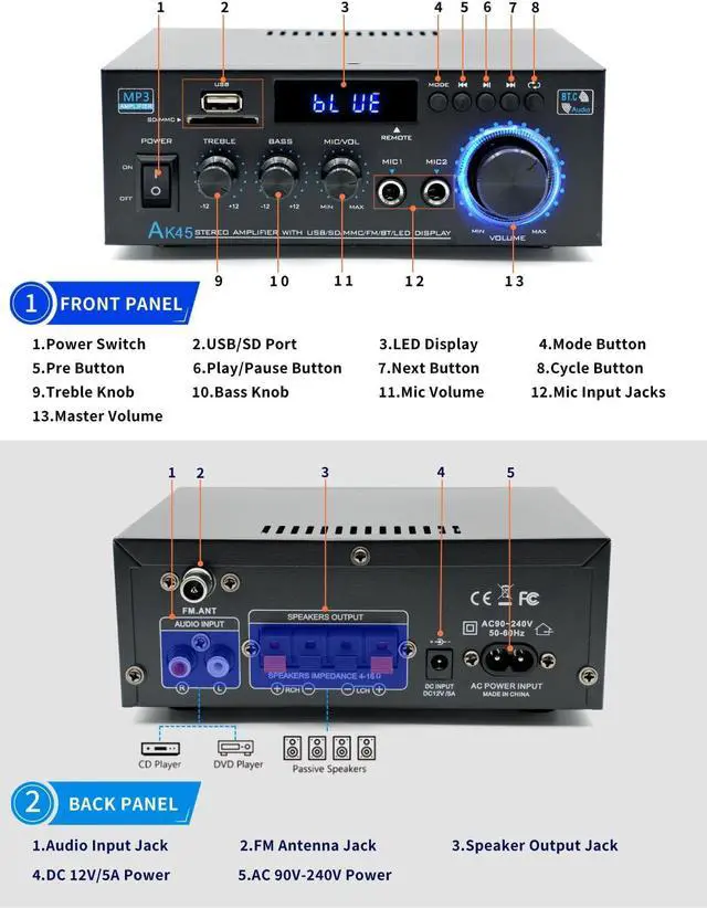 Alt view image 2 of 6 - Stereo Home Audio Amplifier Receiver AK45,400W Bluetooth 5.0 HiFi Stereo Power Amplifier 2.0 Channel RMS 40W x 2 Home Audio System with Remote Amplifier W/MIC, USB, RCA, FM Radio
