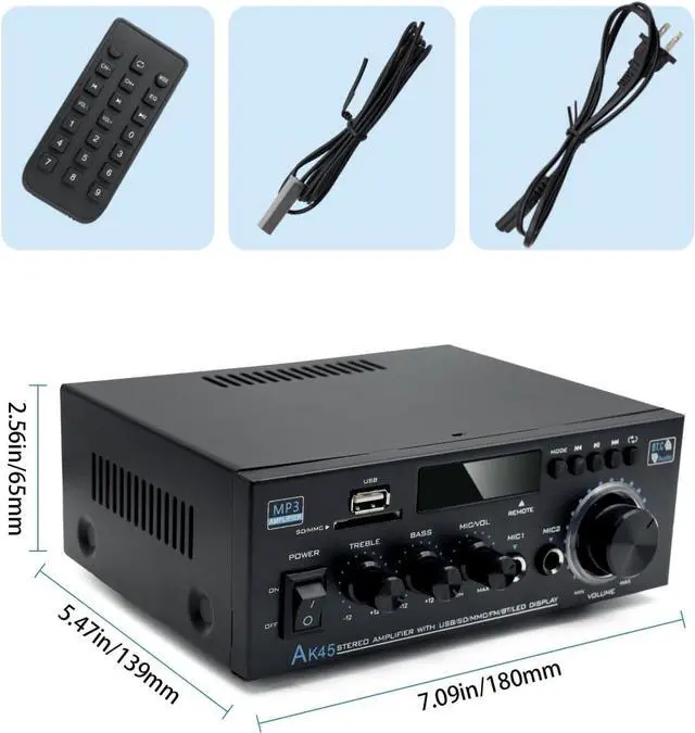 Alt view image 6 of 6 - Stereo Home Audio Amplifier Receiver AK45,400W Bluetooth 5.0 HiFi Stereo Power Amplifier 2.0 Channel RMS 40W x 2 Home Audio System with Remote Amplifier W/MIC, USB, RCA, FM Radio