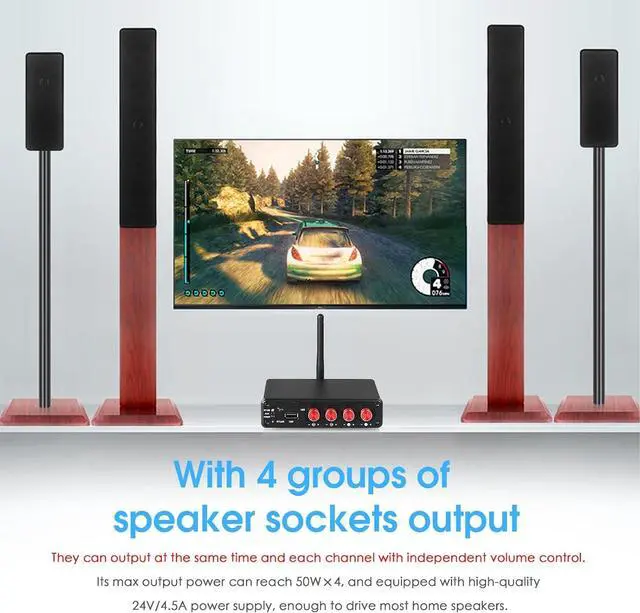 Alt view image 3 of 7 - 4-Channel Bluetooth Amplifier, 50W x 4 Audio Power Amplifier, Hi-Fi Home Stereo Speaker Receiver