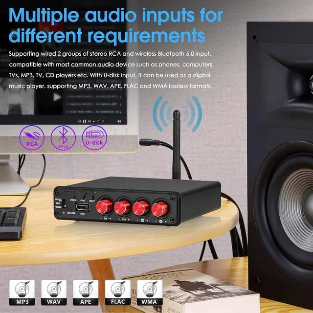 Alt view image 6 of 7 - 4-Channel Bluetooth Amplifier, 50W x 4 Audio Power Amplifier, Hi-Fi Home Stereo Speaker Receiver