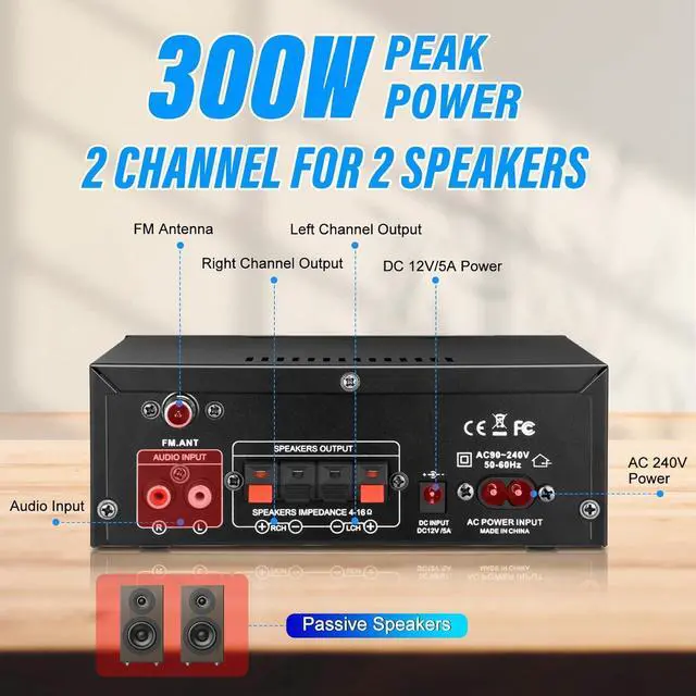Alt view image 3 of 7 - Stereo Audio Amplifier, 300W Home 2-Channel Wireless Bluetooth 5.0 Power Amplifier System, Home Amplifier FM Radio, USB, SD Card, with Remote Control Home Theater Audio Stereo System