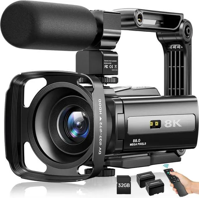 Main image of 8K Camcorder Camera 88MP Ultra HD WiFi Video Blogger Camera for YouTube 18x Digital Zoom IR Night Vision 3.0-inch Touchscreen Camera with 32GB Card, Microphone, Stabilizer, Hood, Remote Control, Batte