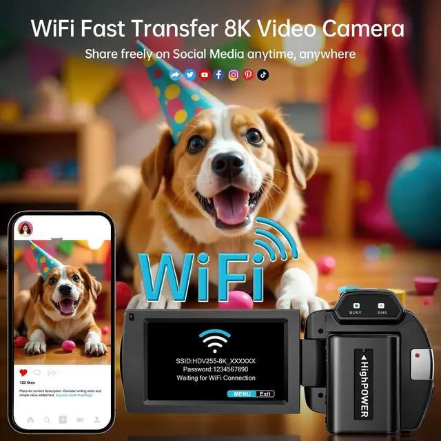 Alt view image 2 of 7 - 8K Camcorder Camera 88MP Ultra HD WiFi Video Blogger Camera for YouTube 18x Digital Zoom IR Night Vision 3.0-inch Touchscreen Camera with 32GB Card, Microphone, Stabilizer, Hood, Remote Control, Batte