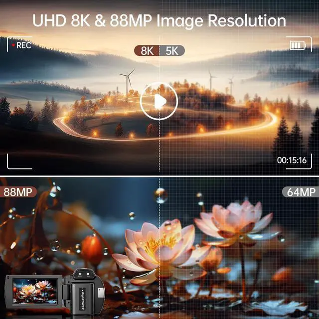 Alt view image 5 of 7 - 8K Camcorder Camera 88MP Ultra HD WiFi Video Blogger Camera for YouTube 18x Digital Zoom IR Night Vision 3.0-inch Touchscreen Camera with 32GB Card, Microphone, Stabilizer, Hood, Remote Control, Batte