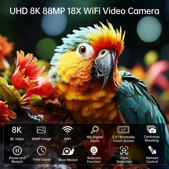 Alt view image 6 of 7 - 8K Camcorder Camera 88MP Ultra HD WiFi Video Blogger Camera for YouTube 18x Digital Zoom IR Night Vision 3.0-inch Touchscreen Camera with 32GB Card, Microphone, Stabilizer, Hood, Remote Control, Batte