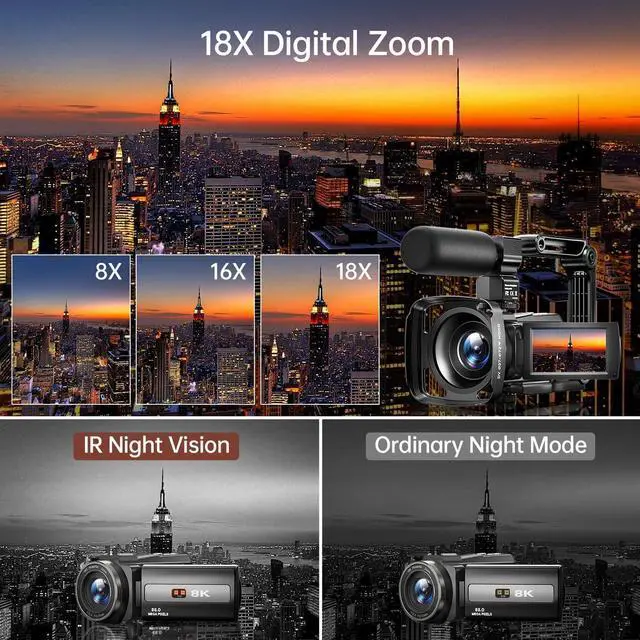 Alt view image 7 of 7 - 8K Camcorder Camera 88MP Ultra HD WiFi Video Blogger Camera for YouTube 18x Digital Zoom IR Night Vision 3.0-inch Touchscreen Camera with 32GB Card, Microphone, Stabilizer, Hood, Remote Control, Batte