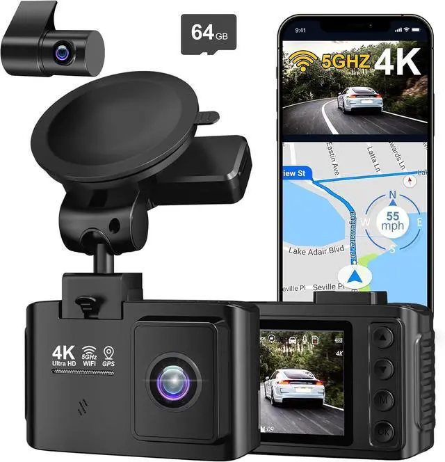 Main image of Front and Rear Car Recorder: 4K+2.5K Dual Channel Car Recorder - 5GHz WiFi, Car GPS Car Recorder with 64GB Card, 2.0-inch IPS Screen, App Control, Gravity Sensor, Loop Recording, 170° Wide Angle, Nigh