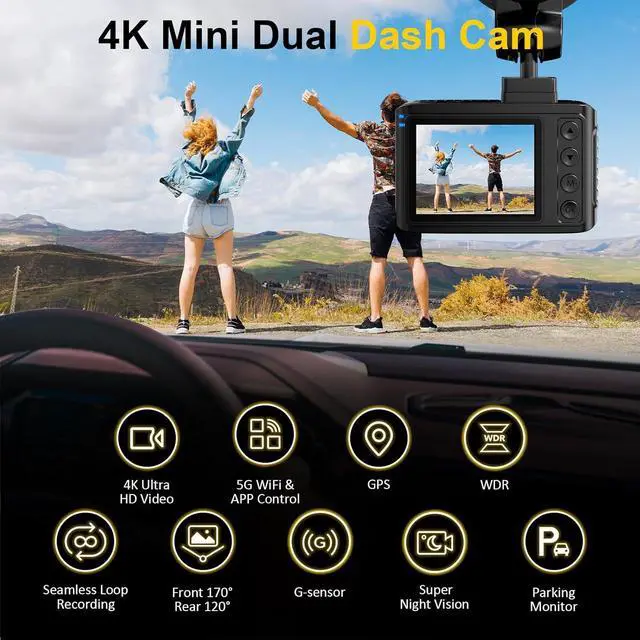 Alt view image 3 of 7 - Front and Rear Car Recorder: 4K+2.5K Dual Channel Car Recorder - 5GHz WiFi, Car GPS Car Recorder with 64GB Card, 2.0-inch IPS Screen, App Control, Gravity Sensor, Loop Recording, 170° Wide Angle, Nigh