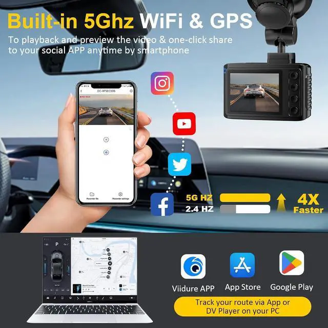 Alt view image 4 of 7 - Front and Rear Car Recorder: 4K+2.5K Dual Channel Car Recorder - 5GHz WiFi, Car GPS Car Recorder with 64GB Card, 2.0-inch IPS Screen, App Control, Gravity Sensor, Loop Recording, 170° Wide Angle, Nigh
