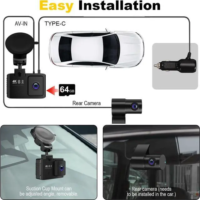 Alt view image 6 of 7 - Front and Rear Car Recorder: 4K+2.5K Dual Channel Car Recorder - 5GHz WiFi, Car GPS Car Recorder with 64GB Card, 2.0-inch IPS Screen, App Control, Gravity Sensor, Loop Recording, 170° Wide Angle, Nigh