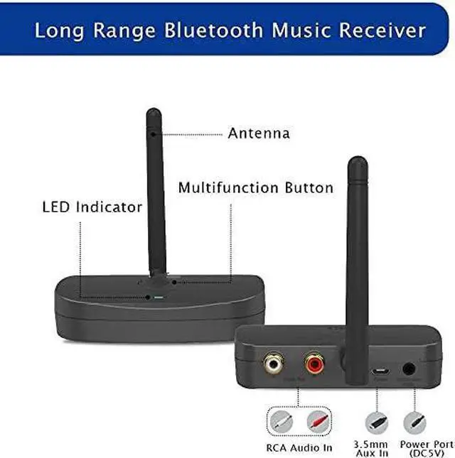 Alt view image 2 of 7 - BE-RCA Remote Bluetooth Music Receiver, Wireless Audio Adapter for Wired Speakers or Home Music Streaming Stereo System, Black