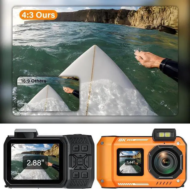 Alt view image 5 of 7 - 8K Ultra HD 70MP WiFi Digital Camera with 64GB Card Rugged Waterproof Dustproof Shockproof 33FT Underwater Camera Snorkeling Dual Screen Selfie AF Fixed Point Digital Camera (Orange)
