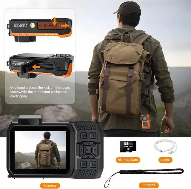 Alt view image 4 of 7 - 8K Ultra HD 70MP WiFi Digital Camera with 64GB Card Rugged Waterproof Dustproof Shockproof 33FT Underwater Camera Snorkeling Dual Screen Selfie AF Fixed Point Digital Camera (Orange)