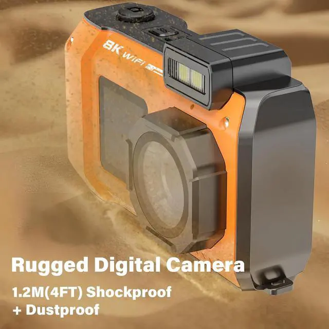 Alt view image 7 of 7 - 8K Ultra HD 70MP WiFi Digital Camera with 64GB Card Rugged Waterproof Dustproof Shockproof 33FT Underwater Camera Snorkeling Dual Screen Selfie AF Fixed Point Digital Camera (Orange)