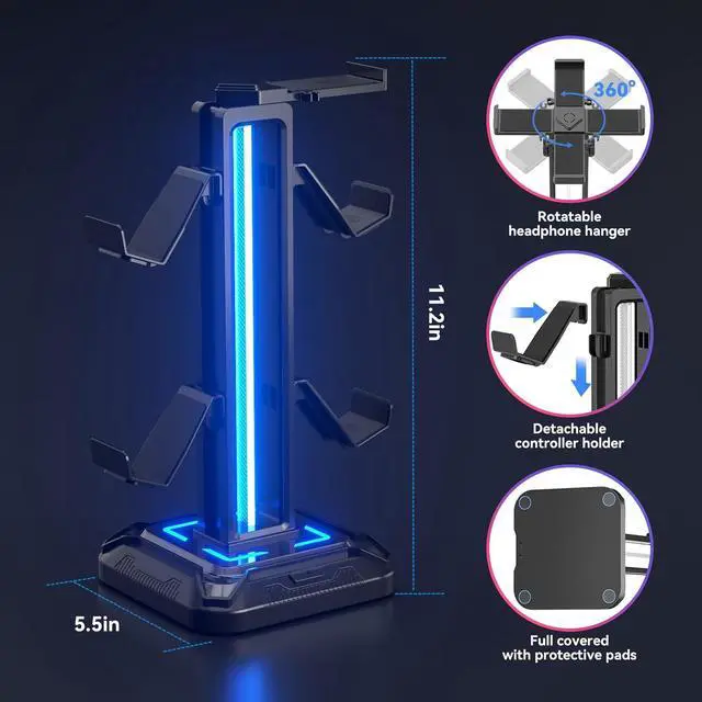 Alt view image 2 of 7 - RGB Headset Holder with 9 Lighting Modes - Desktop Controller Holder - Rotating Headset Holder and Removable Controller Hook for PC Headset Accessory (Black)