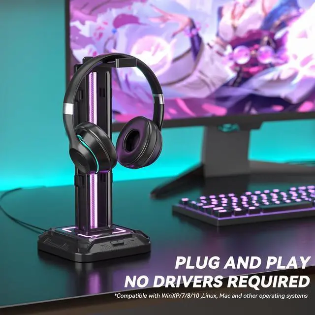 Alt view image 3 of 7 - RGB Headset Holder with 9 Lighting Modes - Desktop Controller Holder - Rotating Headset Holder and Removable Controller Hook for PC Headset Accessory (Black)
