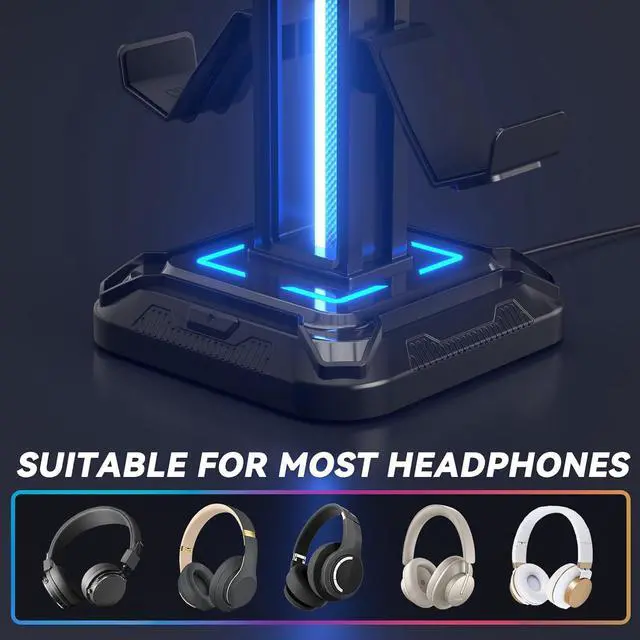 Alt view image 4 of 7 - RGB Headset Holder with 9 Lighting Modes - Desktop Controller Holder - Rotating Headset Holder and Removable Controller Hook for PC Headset Accessory (Black)