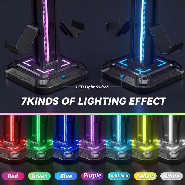 Alt view image 5 of 7 - RGB Headset Holder with 9 Lighting Modes - Desktop Controller Holder - Rotating Headset Holder and Removable Controller Hook for PC Headset Accessory (Black)