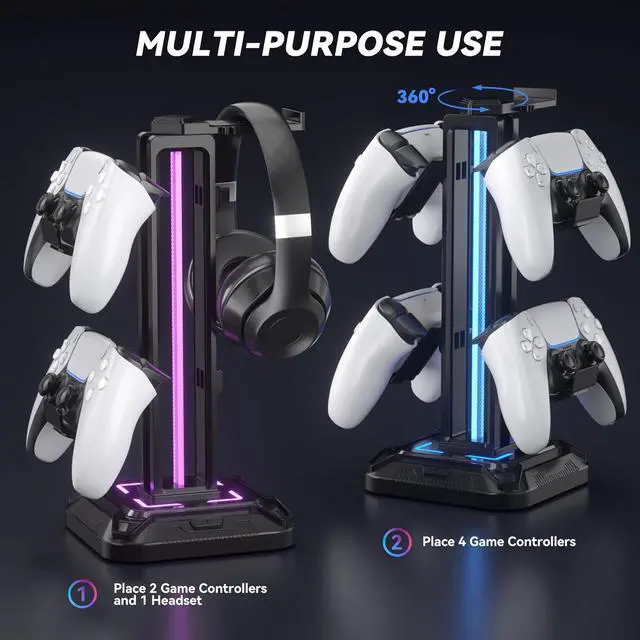 Alt view image 6 of 7 - RGB Headset Holder with 9 Lighting Modes - Desktop Controller Holder - Rotating Headset Holder and Removable Controller Hook for PC Headset Accessory (Black)