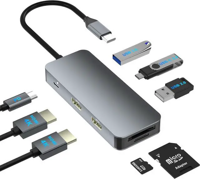Main image of Docking Station Dual Monitor for Dell/HP/Lenovo/Mac Laptops, Docking Station Dual Monitor for USB C Laptops, Dual HDMI Adapter for 2 Monitors, 8-in-1 USB C Hub Multi-Port Adapter with HDMI/USB/PD/SD/T