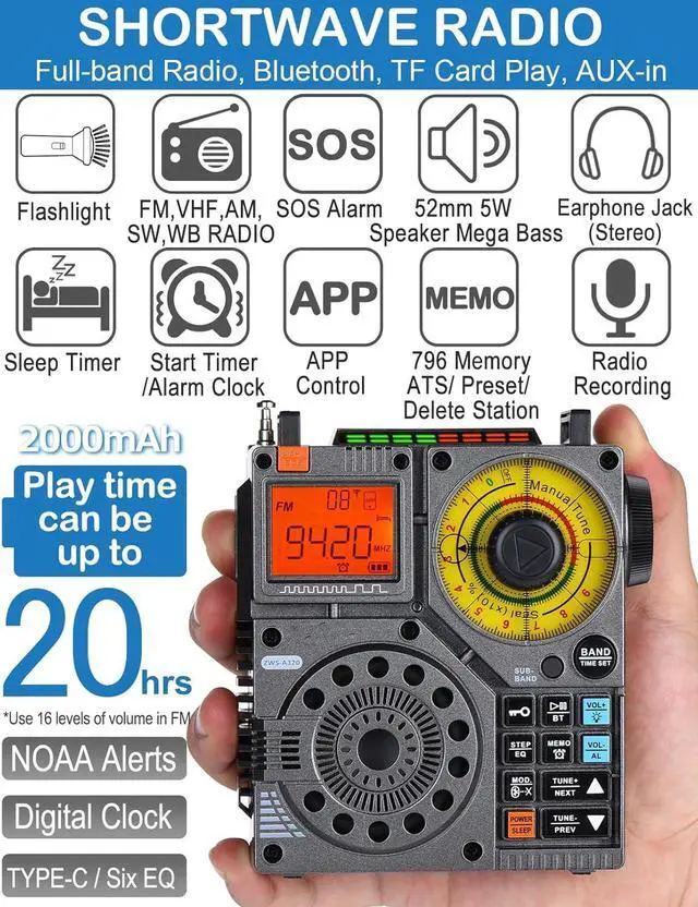Alt view image 2 of 6 - Shortwave Radio with Bluetooth and APP Control, AM FM VHF SW WB Portable Receiver, Subwoofer/5 Light Effects/6 EQ/Recording Rechargeable Stereo Emergency Radio Player ZWS-A320