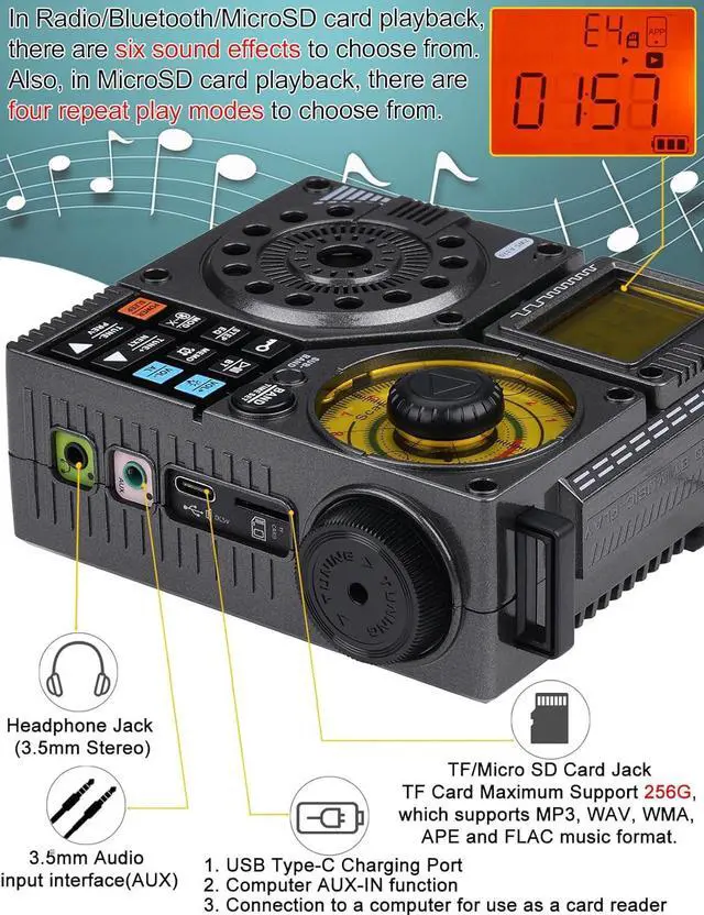 Alt view image 3 of 6 - Shortwave Radio with Bluetooth and APP Control, AM FM VHF SW WB Portable Receiver, Subwoofer/5 Light Effects/6 EQ/Recording Rechargeable Stereo Emergency Radio Player ZWS-A320