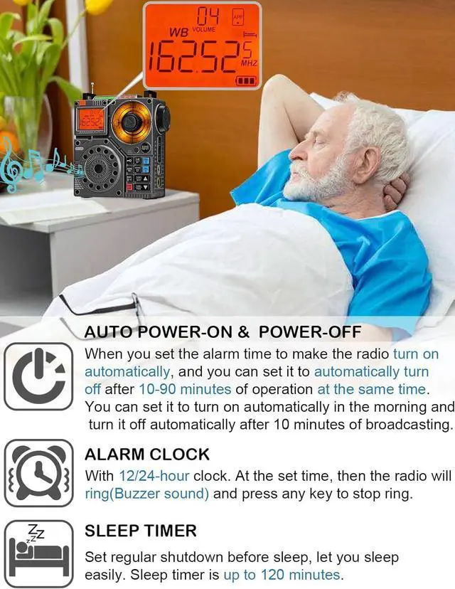 Alt view image 6 of 6 - Shortwave Radio with Bluetooth and APP Control, AM FM VHF SW WB Portable Receiver, Subwoofer/5 Light Effects/6 EQ/Recording Rechargeable Stereo Emergency Radio Player ZWS-A320