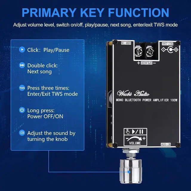 Alt view image 3 of 7 - Bluetooth Amplifier Board, 100W Mono Amplifier TWS Mini Audio Power Amplifier Module with Box Matching, Bluetooth/AUX/USB Input, DC 7-24V ZK-1001B DIY Speaker System Kit for Home Car