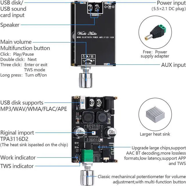 Alt view image 4 of 7 - Bluetooth Amplifier Board, 100W Mono Amplifier TWS Mini Audio Power Amplifier Module with Box Matching, Bluetooth/AUX/USB Input, DC 7-24V ZK-1001B DIY Speaker System Kit for Home Car
