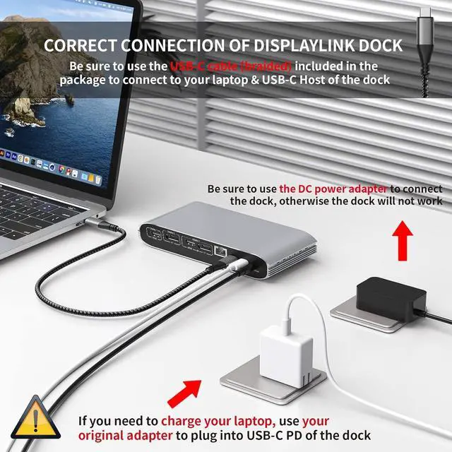 Alt view image 3 of 7 - Displaylink Triple Docking Station for MacBook M1/M2/M3/M4/Windows, DisplayLink Docking Station with 2 HDMI and 2 DisplayPort, 100W Charging, USB-C Data, Ethernet, Audio, 4 USBA Ports
