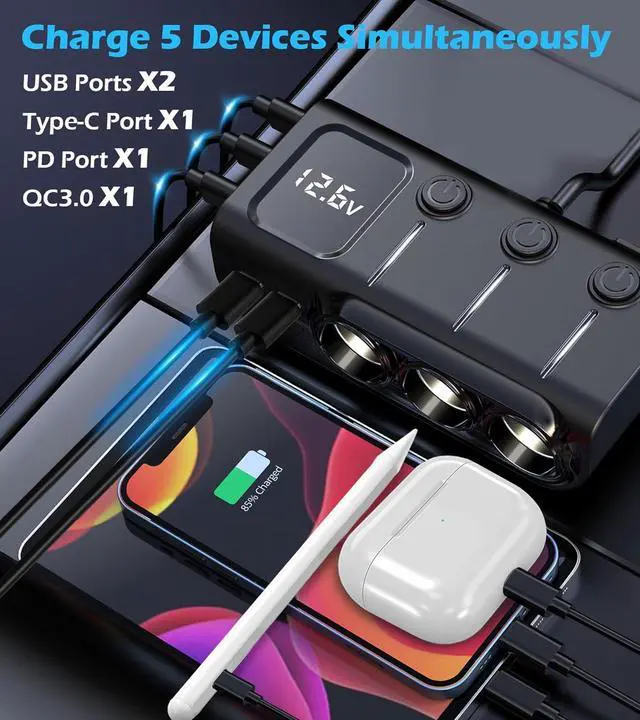 Alt view image 2 of 7 - 8-in-1 Cigarette Lighter Splitter, 3-Socket Car Charger Adapter, Type-C QC3.0 PD36W Dual USB Charger Ports, Car 12V / 24V Plug Socket with Individual Switch, LED Voltmeter (3.3FT Cable)