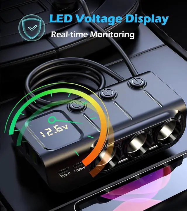 Alt view image 3 of 7 - 8-in-1 Cigarette Lighter Splitter, 3-Socket Car Charger Adapter, Type-C QC3.0 PD36W Dual USB Charger Ports, Car 12V / 24V Plug Socket with Individual Switch, LED Voltmeter (3.3FT Cable)
