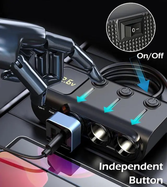 Alt view image 5 of 7 - 8-in-1 Cigarette Lighter Splitter, 3-Socket Car Charger Adapter, Type-C QC3.0 PD36W Dual USB Charger Ports, Car 12V / 24V Plug Socket with Individual Switch, LED Voltmeter (3.3FT Cable)