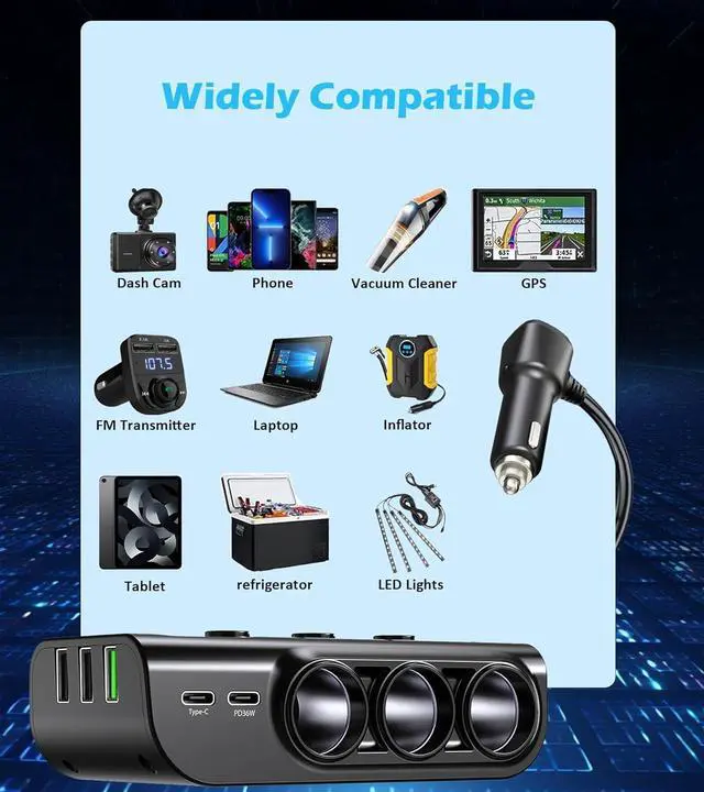 Alt view image 7 of 7 - 8-in-1 Cigarette Lighter Splitter, 3-Socket Car Charger Adapter, Type-C QC3.0 PD36W Dual USB Charger Ports, Car 12V / 24V Plug Socket with Individual Switch, LED Voltmeter (3.3FT Cable)