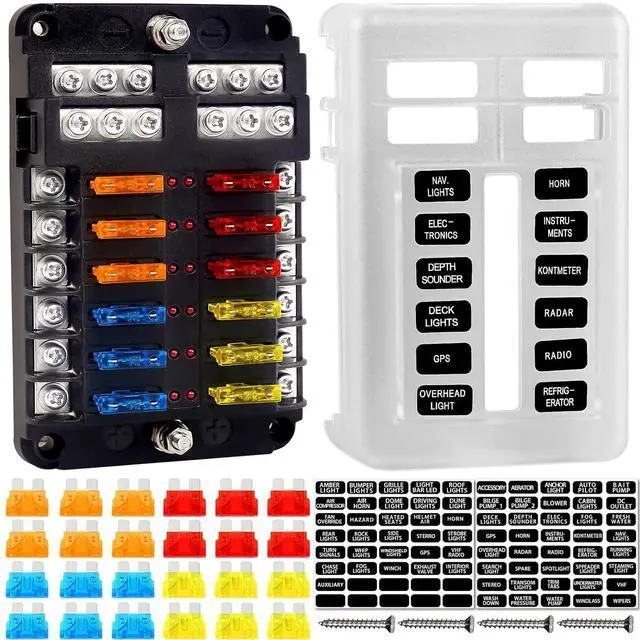 Main image of Fuse Holder, 12v Fuse Holder with LED Indicator Waterproof Cover, 12 Circuit Panel with Negative Bus for 12V/24V Car Truck Boat RV Trailer, 24 Blade Inserts
