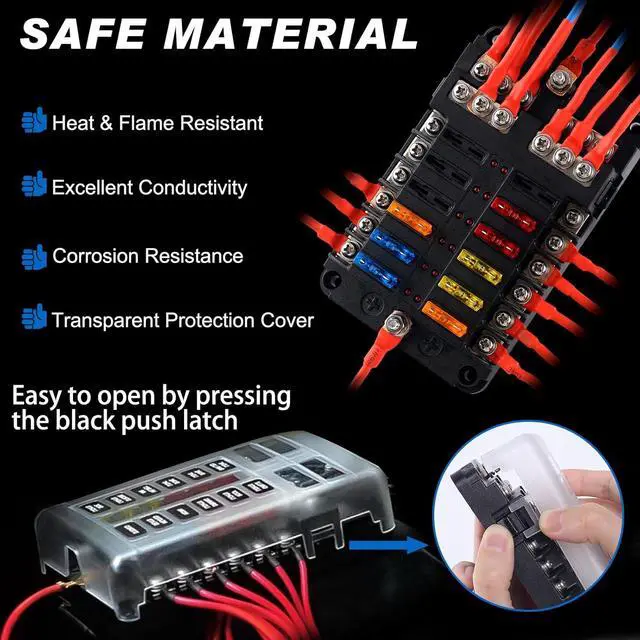 Alt view image 2 of 6 - Fuse Holder, 12v Fuse Holder with LED Indicator Waterproof Cover, 12 Circuit Panel with Negative Bus for 12V/24V Car Truck Boat RV Trailer, 24 Blade Inserts
