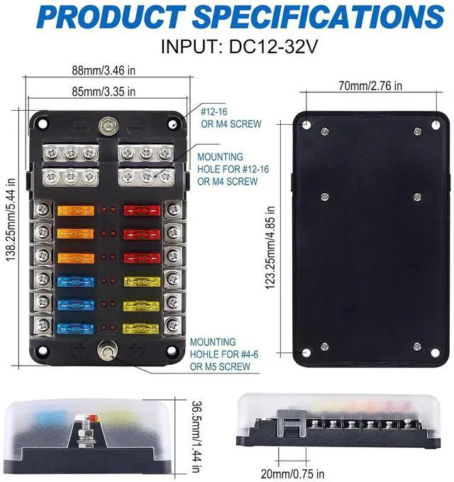 Alt view image 4 of 6 - Fuse Holder, 12v Fuse Holder with LED Indicator Waterproof Cover, 12 Circuit Panel with Negative Bus for 12V/24V Car Truck Boat RV Trailer, 24 Blade Inserts