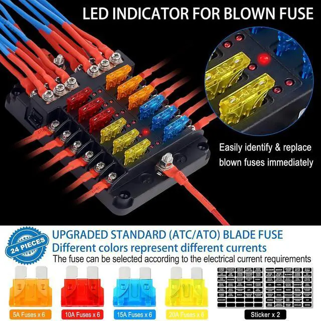 Alt view image 5 of 6 - Fuse Holder, 12v Fuse Holder with LED Indicator Waterproof Cover, 12 Circuit Panel with Negative Bus for 12V/24V Car Truck Boat RV Trailer, 24 Blade Inserts