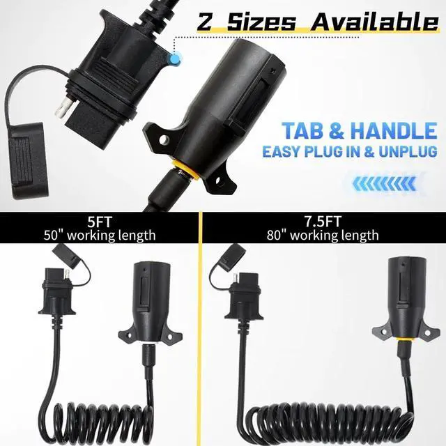 Alt view image 4 of 7 - 7-Way Blade to 4-Way Flat Trailer Adapter Coiled Harness 5-Foot Male 7-Pin to 4-Pin Trailer Extension Sheathed Cable, Heavy Duty 18AWG Copper 7- to 4-Wire Trailer Connector Plug 60 in.