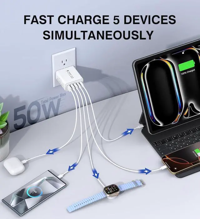Alt view image 5 of 7 - [2-Pack] USB C Wall Charger, 50W 5-Port PD Fast USB C Charging Block, 2USB C+3USB A Multi-Port Plug, Type C Power Adapter Block Cube for iPhone 16/15/14/13/12/Pro Max/XS, iPad, Power Adapter Block Cub