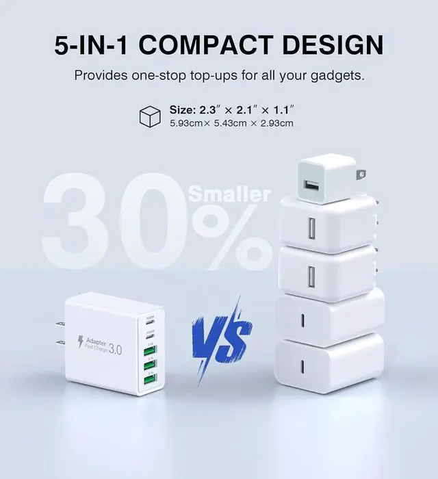 Alt view image 7 of 7 - [2-Pack] USB C Wall Charger, 50W 5-Port PD Fast USB C Charging Block, 2USB C+3USB A Multi-Port Plug, Type C Power Adapter Block Cube for iPhone 16/15/14/13/12/Pro Max/XS, iPad, Power Adapter Block Cub