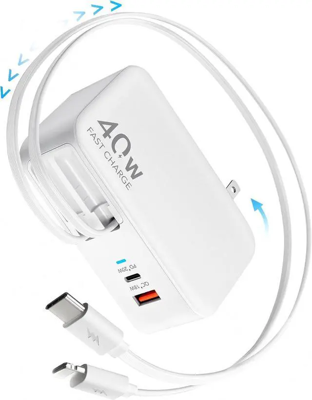 Main image of 4-in-1 Retractable Gan Wall Charger Plug Travel Essentials Dual USB Ports, 3-Foot Lightening and Type-C Cable, 40W Fast Charging Smart Foldable Block for iPhone 16/15/14/13/12, iPad, Galaxy, Pixel