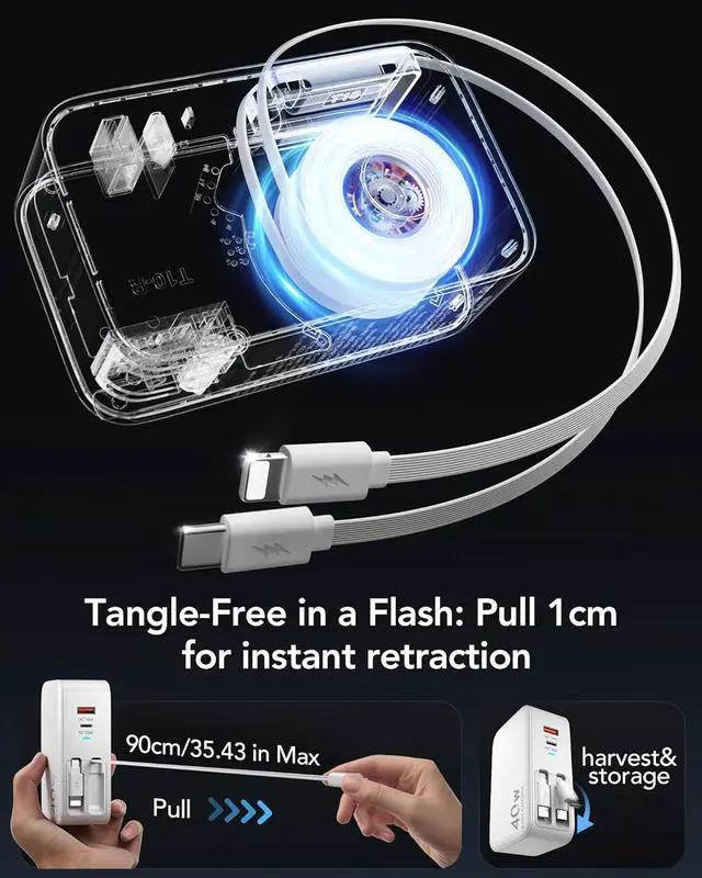 Alt view image 5 of 7 - 4-in-1 Retractable Gan Wall Charger Plug Travel Essentials Dual USB Ports, 3-Foot Lightening and Type-C Cable, 40W Fast Charging Smart Foldable Block for iPhone 16/15/14/13/12, iPad, Galaxy, Pixel