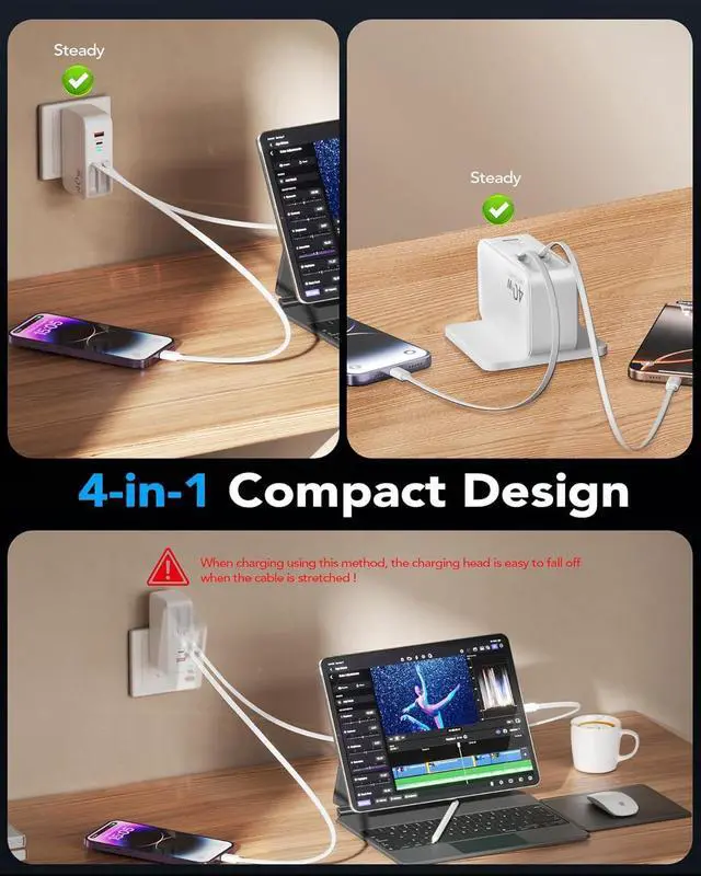 Alt view image 7 of 7 - 4-in-1 Retractable Gan Wall Charger Plug Travel Essentials Dual USB Ports, 3-Foot Lightening and Type-C Cable, 40W Fast Charging Smart Foldable Block for iPhone 16/15/14/13/12, iPad, Galaxy, Pixel