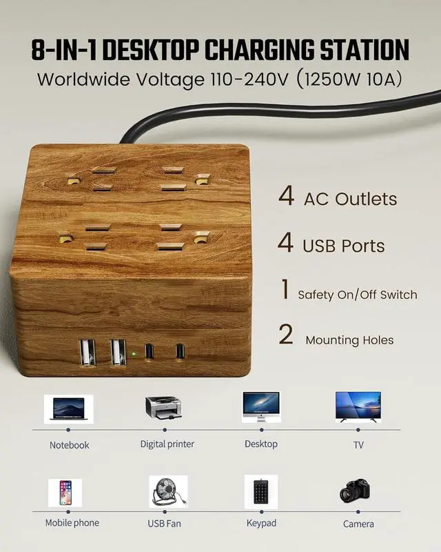 Alt view image 2 of 6 - USB Power Pad Surge Protector - Desktop Extension Cord with 4 Wide Pitch Outlets and 4 Smart USB Ports for Portable Charging Stations in Homes, Offices, Hotels, Dormitories, RVs, Faux Walnut Grain
