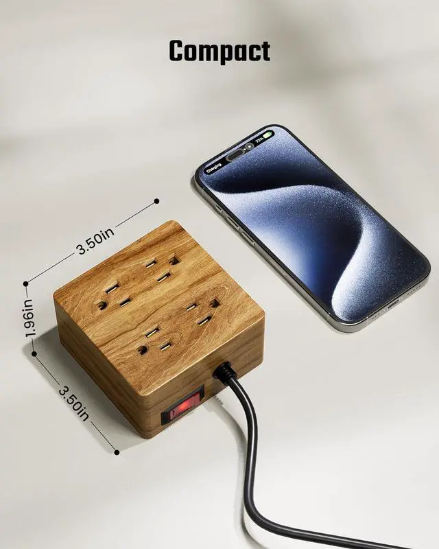 Alt view image 3 of 6 - USB Power Pad Surge Protector - Desktop Extension Cord with 4 Wide Pitch Outlets and 4 Smart USB Ports for Portable Charging Stations in Homes, Offices, Hotels, Dormitories, RVs, Faux Walnut Grain