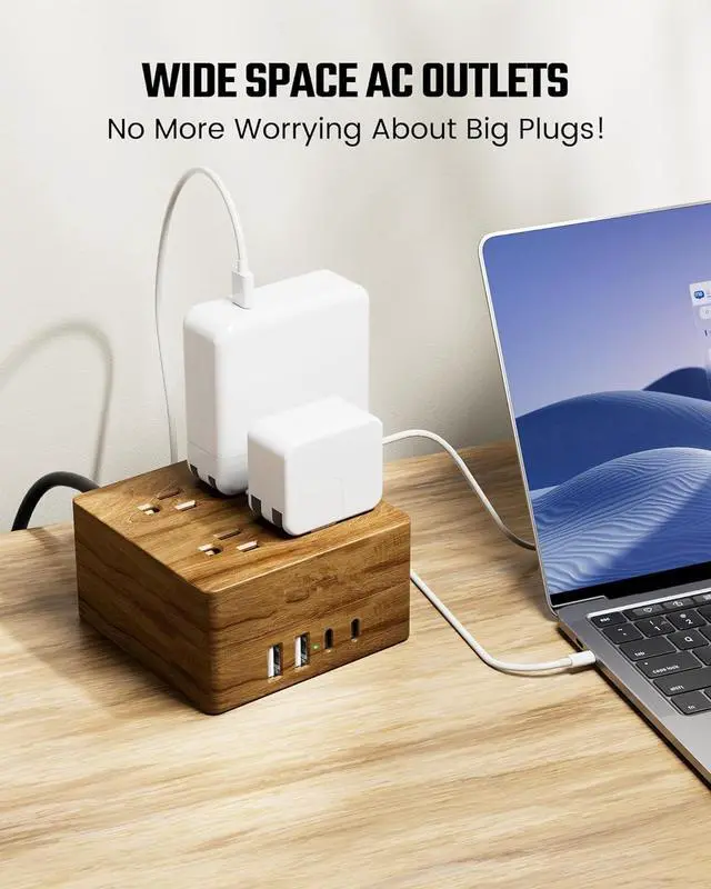 Alt view image 4 of 6 - USB Power Pad Surge Protector - Desktop Extension Cord with 4 Wide Pitch Outlets and 4 Smart USB Ports for Portable Charging Stations in Homes, Offices, Hotels, Dormitories, RVs, Faux Walnut Grain